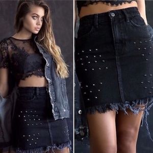 LF Carmar Black Studded Mini Skirt with Fray Hemline